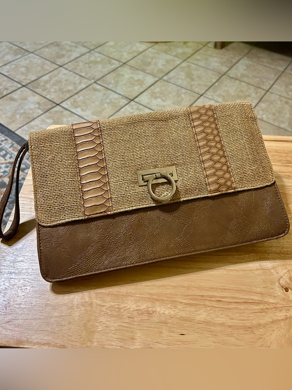 Charming Charlie Burlap & Faux Leather Large Wristlet Clutch Bag Boho